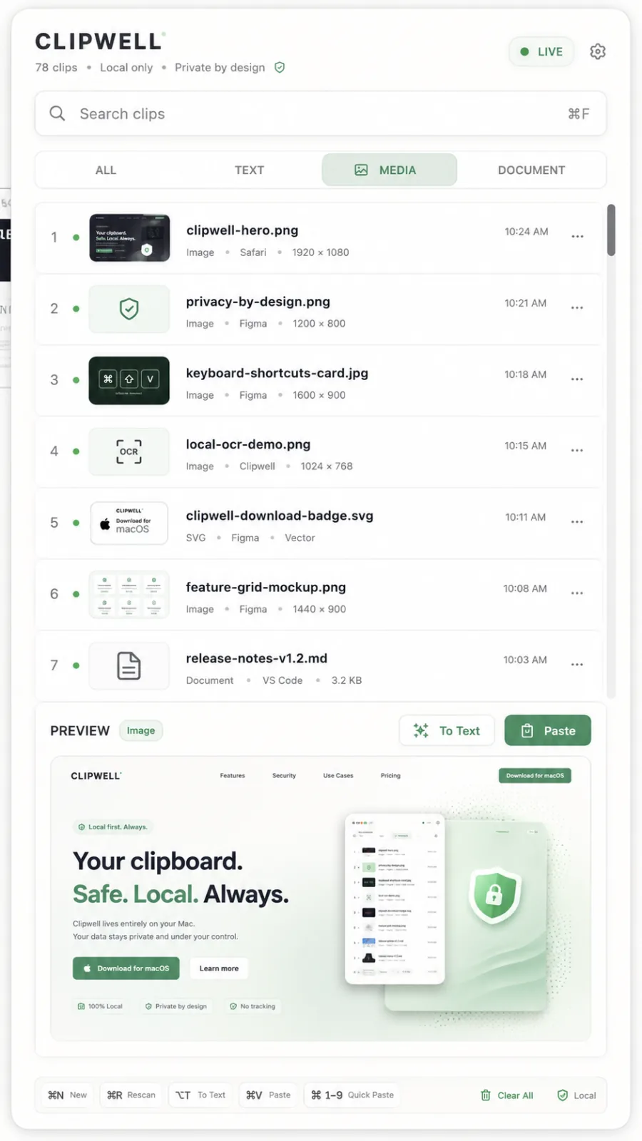 Clipwell macOS 剪贴板管理器界面